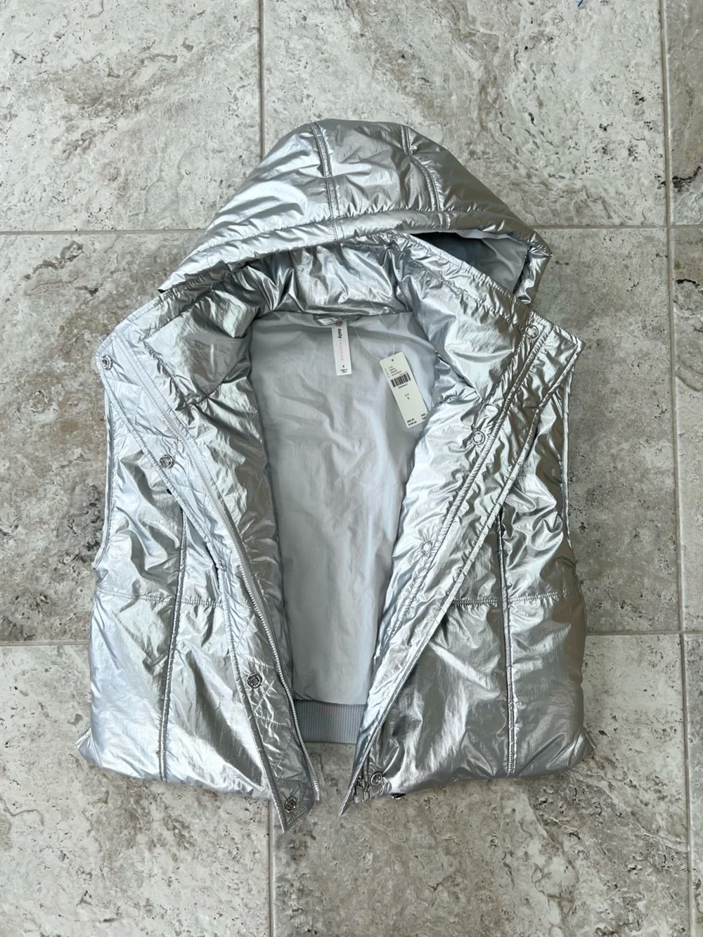 Daily Practice Anthropologie NWT Metallic Silver Hooded Puffer Vest Pockets, S